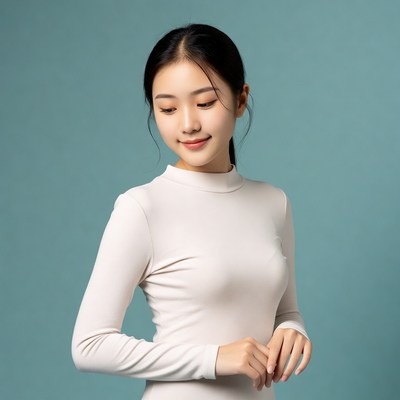 Asian woman smiling on blue background