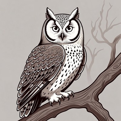 Owl perched on branch illustration