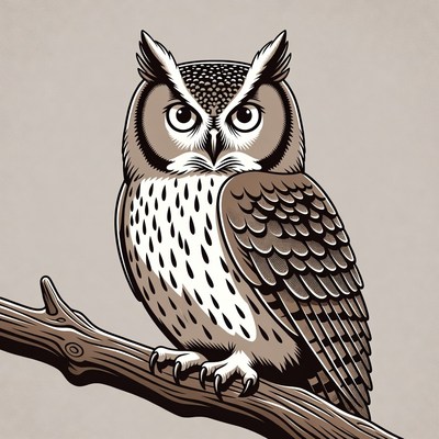 Great Horned Owl on Branch Illustration