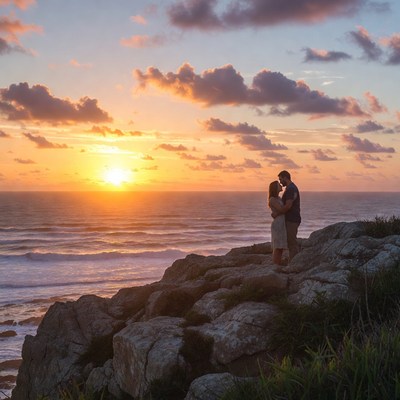 Couple embracing at sunset cliff