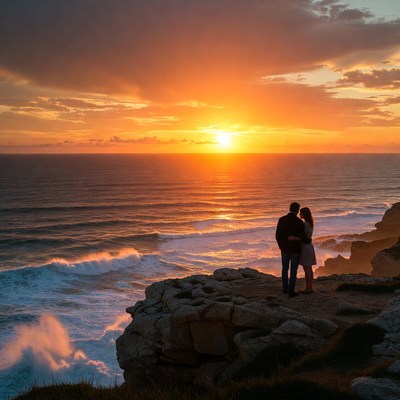 Couple embracing at sunset cliff