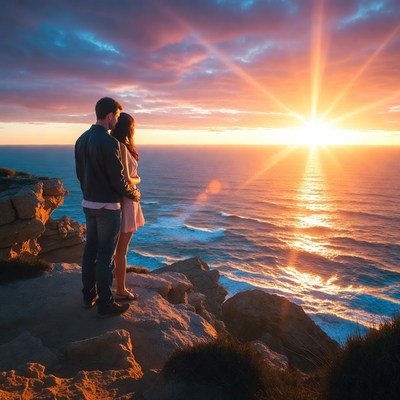 Couple embracing at sunset cliff