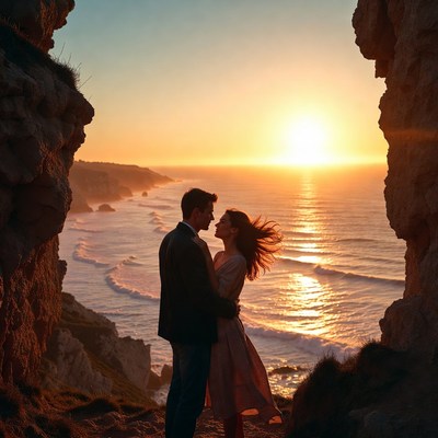 Couple embracing at sunset cliffs