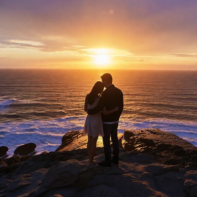 Couple embracing at sunset cliff