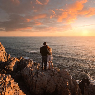 Couple embracing on cliff at sunset