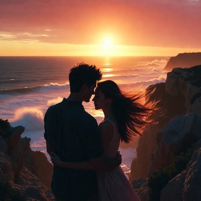 Silhouette couple embracing at sunset cliffs