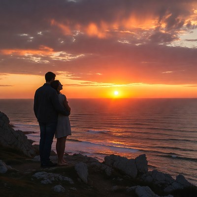 Couple embracing at sunset ocean cliff