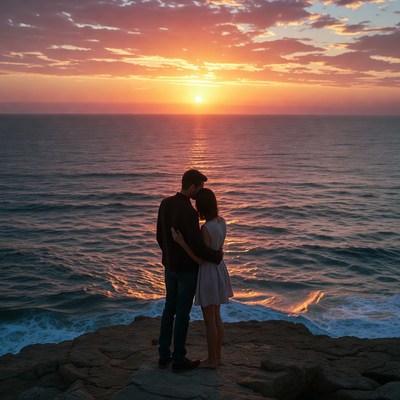 Couple embracing at sunset ocean cliff