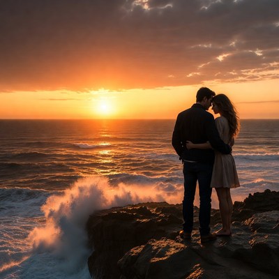Couple embracing at sunset ocean cliff