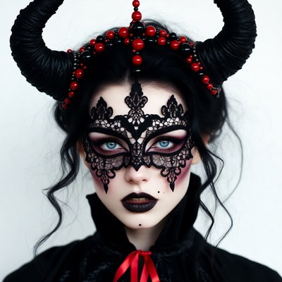 Woman with black lace mask and demon horns