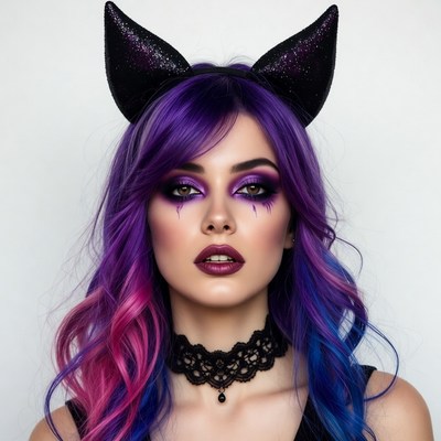 Woman with purple hair cat ears