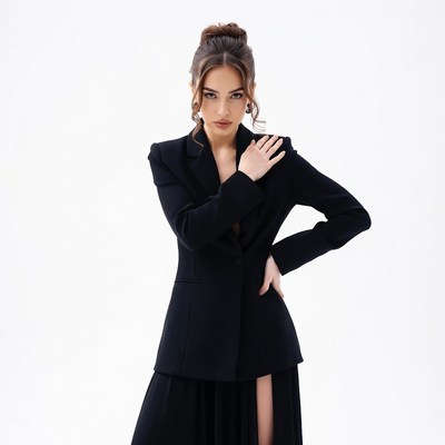 Woman in black blazer skirt pose