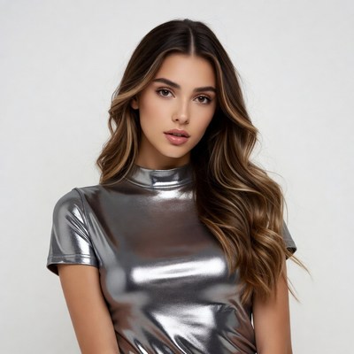 Woman in silver mock neck top