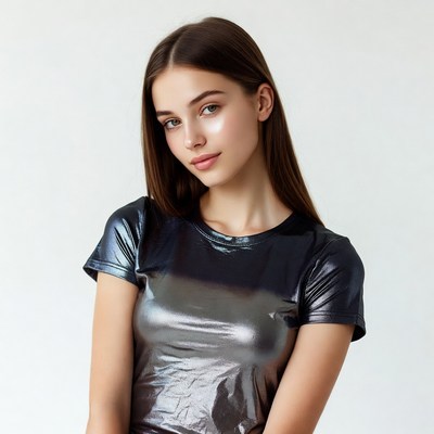 Young woman in shiny silver t-shirt