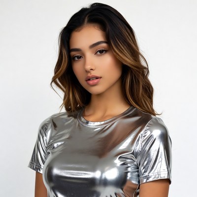 Woman in silver shiny top