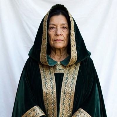 Elderly woman in green hooded robe