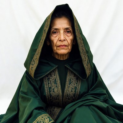 Elderly woman in green hooded robe