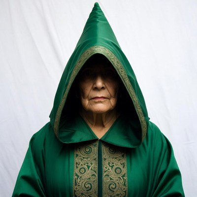 Elderly woman in green hooded robe