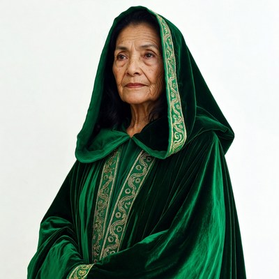 Elderly woman in green hooded robe