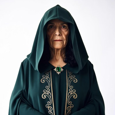 Elderly woman in green hooded robe
