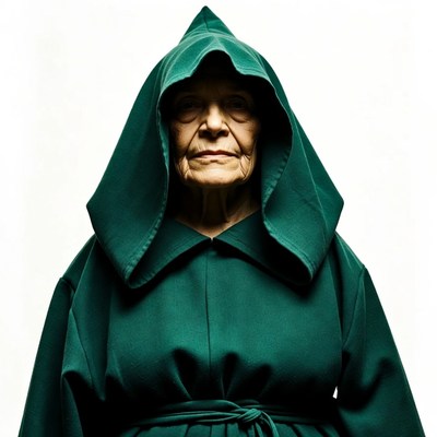 Elderly woman in green hooded robe