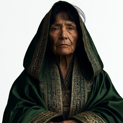 Elderly Asian woman in green hooded robe
