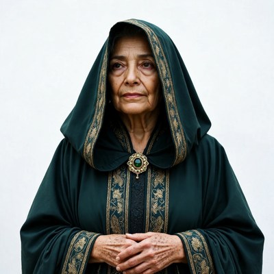 Elderly woman in green hooded robe
