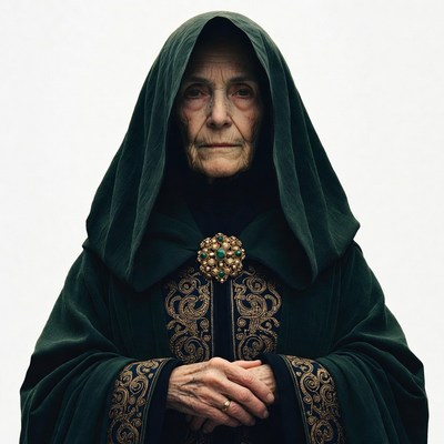 Elderly woman in green hooded robe