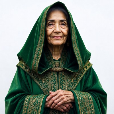 Elderly woman in green embroidered hijab