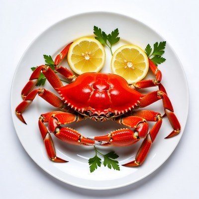 Red Crab with Lemon Slices on Plate