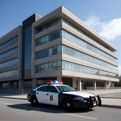 Police Car Parked at Modern Building
