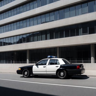 Police Car Parked by Modern Building