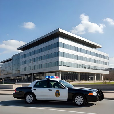 Police Car Parked Near Modern Building