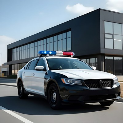 White Police Car with Lights Outside Building