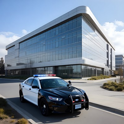 Police Car Parked Near Modern Building