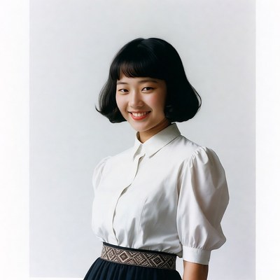 Asian woman smiling in white blouse