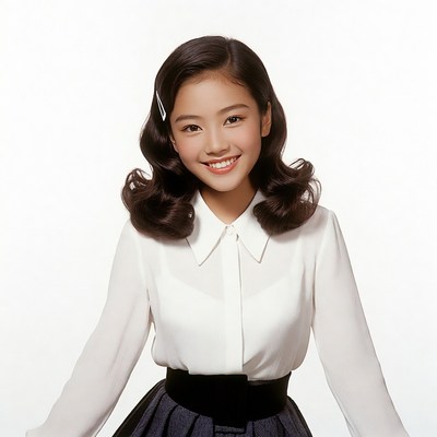 Asian girl smiling in white blouse skirt