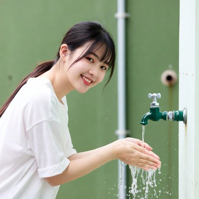 Asian woman washing hands at green faucet