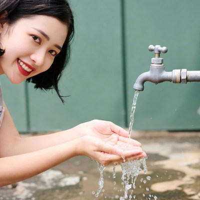Asian woman washing hands under faucet