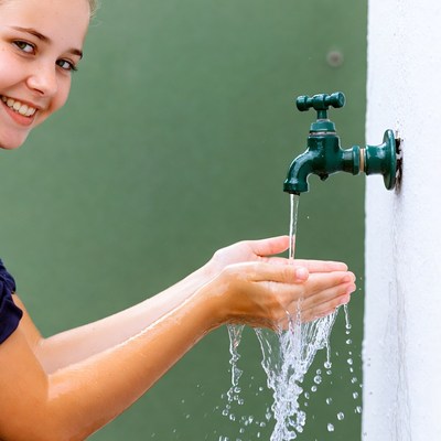 Girl washing hands at outdoor faucet