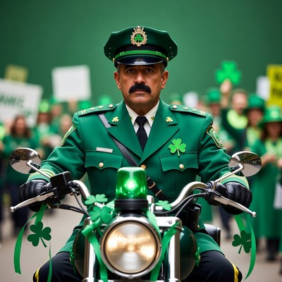 Policeman on motorcycle in St. Patrick's Day parade