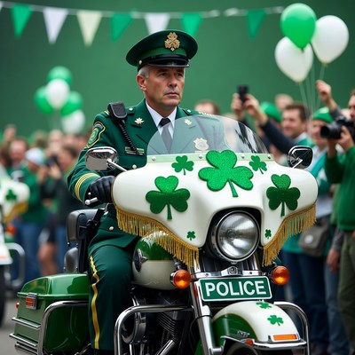 Policeman on green shamrock motorcycle