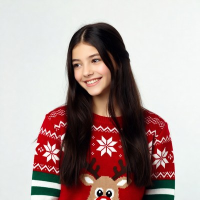 Girl smiling in reindeer Christmas sweater