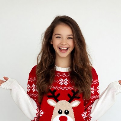 Girl smiling in reindeer Christmas sweater