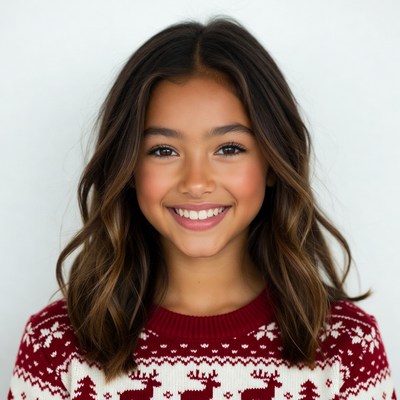 Smiling girl in red reindeer sweater
