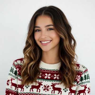 Smiling woman in reindeer Christmas sweater