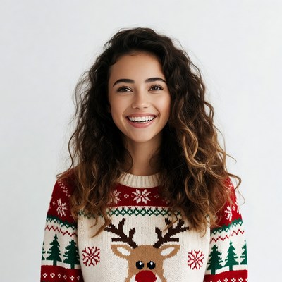 Smiling woman in reindeer Christmas sweater
