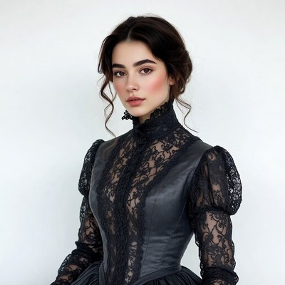 Woman in black lace Victorian dress