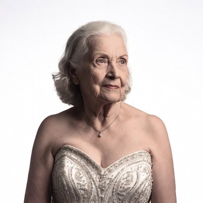 Elderly woman in beaded gown