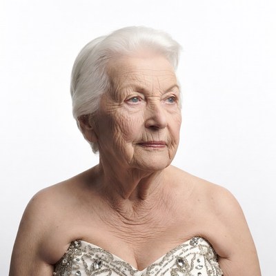 Elderly woman in beaded gown